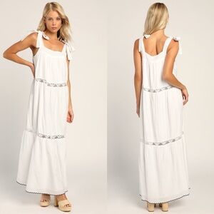 Lulus Angelic Essence White Lace Jacquard Tie-Strap Tiered Midi Dress